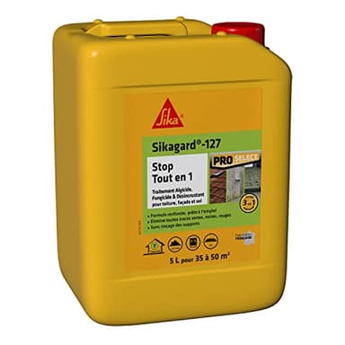SIKA - Traitement algicide et fongicide - Sikagard 127 Stop Tout en 1 - Désincruste les algues vertes, rouges, lichens, traces noires - Multisupports - Toiture, façade, sol - Prêt à l'emploi - 5L