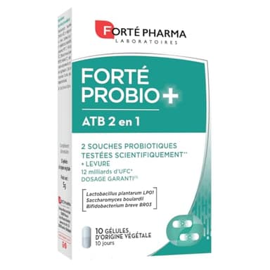 Forté Pharma - Forté Probio + ATB 2en1 - Souche probiotique flore intestinale - Gélules gastro-résistantes - 2 souches microbiotiques, 12 miliards d'UFC + Levure - 10 gélules, 1/jour