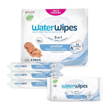WaterWipes Sensitive+ Newborn & Baby Wipes, Lingettes Pour Nouveau-Nés et Bébés, 240 unités (4 paquets), 3-en-1 nettoie, soigne, protège, 99,9% d'eau, non parfumées