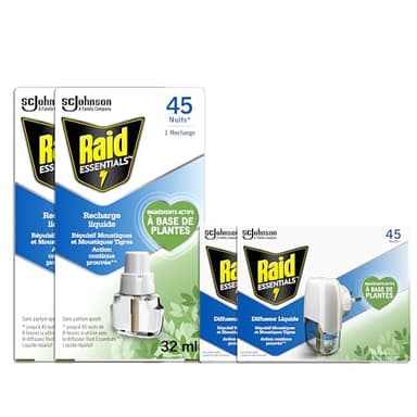 Raid Essentials Diffuseur Electrique Liquide - Répulsifs Anti-Moustiques et Moustiques Tigres 180 Nuits – 2 Diffuseurs + 4 Recharges 4x32ml