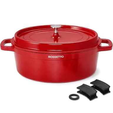 ROSSETTO 10,6L Cocotte ovale en fonte d’aluminium, revêtement antiadhérent en céramique. Couvercle avec picots saveurs. Compatible tous feux dont induction et au four jusqu’à 230℃, 38CM, Rouge