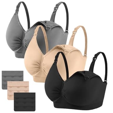Lot de 3 Soutien-Gorge d'allaitement Maternité Femme, Brassière de Grossesse sans Couture sans Armature Nursing Bra avec Rallonges et Coussinets Amovibles (Noir Beige Gris, L)