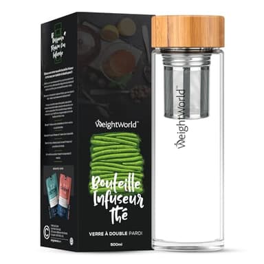 Infuseur Thé Bouteille Isotherme 500ml avec Filtre Inox et Verre Double Paroi, Thermos Café pour Infusion, Thé Froid ou Fruits, Gourde Verre sans BPA avec Couvercle Bambou et Housse de Transport