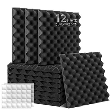 Lot de 12 panneaux de Mousse Acoustique Autocollants, Mousse Anti-bruit Panneau Acoustique haute densité isolant phonique, pour Podcasting, Studios d'enregistrement, plafonds 30×30×2,5 cm