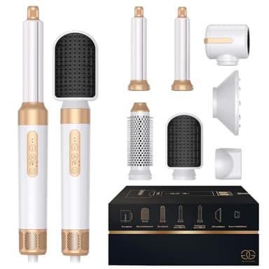 Brosse Soufflante avec 7 accessoires, Golden Goods Airstyler 7-en-1, Sèche-cheveux, pour sécher, Brosse Coiffante Chauffante, Pour Lisser, Boucler, White/Gold Edition