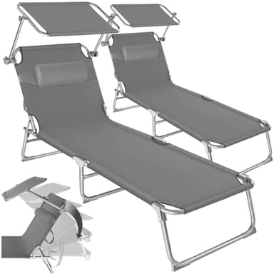 tectake® Set de 2 Chaises Longues Pliantes avec Pare Soleil & Appuie-tête - Transat Inclinable de Plage, Relax pour Jardin, Camping, Salon Exterieur - Gris