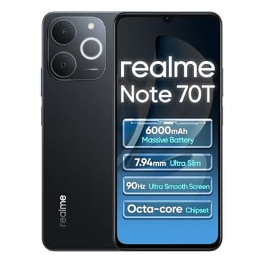 realme Note 70T 4G 4+256Go Smartphone, 6.75 Pouces d'écran, Black, 90Hz d'affichage, 6000 mAh de Batterie, 32 MP de caméra, Processeur Octa-Core Puissant, Protection ArmorShell, IP54