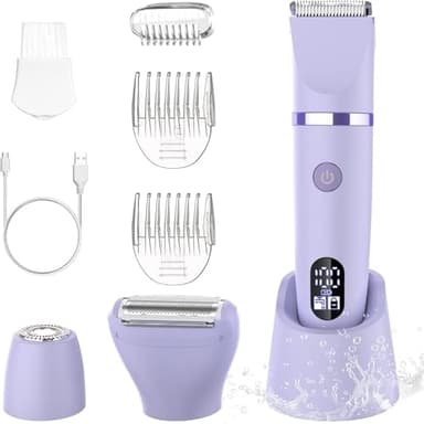 Rasoir Electrique Feminin Tondeuse précise pour visage et zones sensibles, Tondeuse à poils corporels pour visage, jambes, aisselles et zone pubienne,étanche,Sans fil, Écran LCD, Violet, 3 in 1
