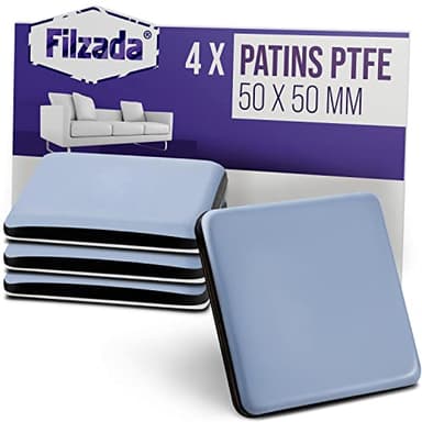 Filzada® 4X Patins pour Meubles Téflon Auto-adhésifs - 50 x 50 mm (carré) - Chaise de Planeur Professionnels/Planeur PTFE (Téflon)