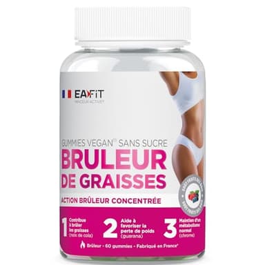 Eafit MINCEUR - GUMMIES Bruleur de graisses - Brule graisse - Perte de Poids - Sans sucre - Vegan - Guarana - Chrome - Cafe vert et Cola - 60 Gummies Fruits rouges - Cure 1 mois - Made in France