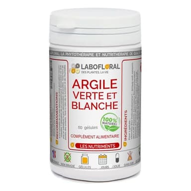 Argile verte et blanche Labofloral 50 gélules dosées à 420 mg - Complément alimentaire - vertus purifiantes et apaisantes du système digestif, cure détox- Fabriqué en France