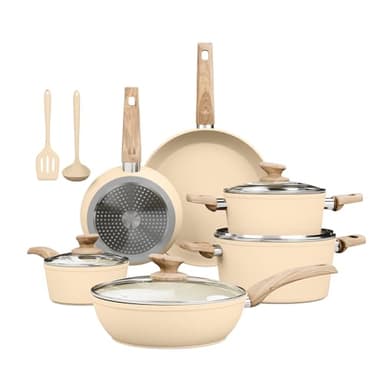 Kitchen Academy Ensemble de casseroles et poêles à induction antiadhésives – 12 pièces beige antiadhésives – Batterie de cuisine en granit