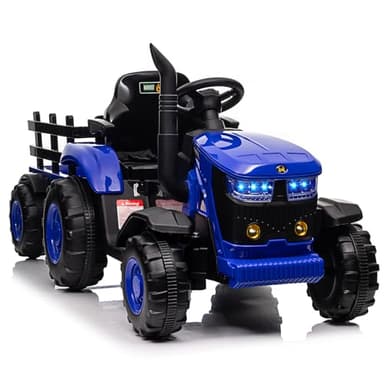 Garvee 12V Tracteur Électrique Enfant avec Remorque Amovible, Voiture Électrique 35W Moteur Double, Musique & MP3, Télécommande, LED, 3 Vitesses, Véhicule Électrique pour Enfants 3 an+ (Bleu)