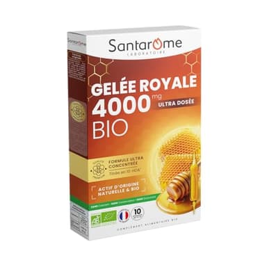 Santarome - Gelée Royale 4000mg Bio - Complément alimentaire immunité - Fortement dosé en Gelée Royale Bio 4000mg - 10 ampoules - Made In France
