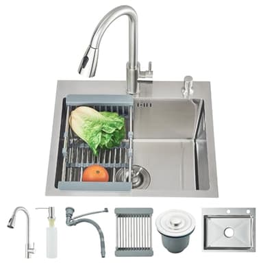 Harnart Evier de cuisine Acier inoxydable 304 Evier de cuisine avec robinet extensible Set de robinetterie Machine à laver les tasses 50 * 45 * 21 CM,Chrome