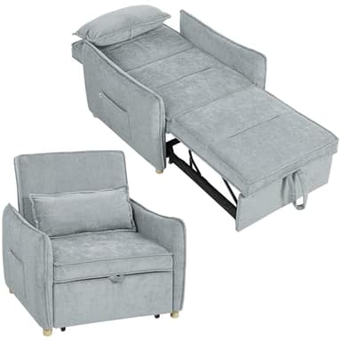 HOMCOM Fauteuil Convertible 1 Place 3 en 1, Fauteuil-lit clic-clac en Chenille avec Assise Large, Dossier réglable, Oreiller et Poches latérales, canapé-lit pour invités, Salon, Petits espaces, Gris