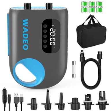 WADEO Gonfleur Electrique pour Sup/Paddle 20PSI, Rechargeable 18000mAh - Double Fonction Gonflage/Dégonflage, Arrêt Auto, 12V/Type-C - Compatible Paddle, Kayak, Bateau, Matelas, Tente, Aile