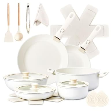 LEADZM Batterie de Cuisine Induction,Casserole Induction,poele,Set de Casseroles et Poêles en Céramique Antiadhésif - 22 Pièces avec Poignées Détachables(blanc cassé)