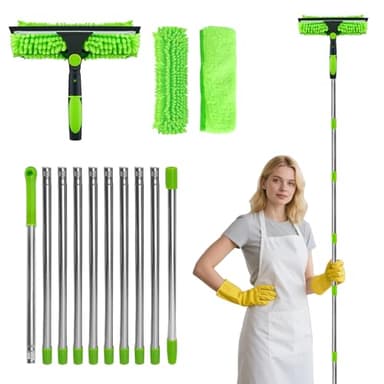 4,5m RéGlable Lave Vitre Telescopique, Raclette Vitre Telescopique 2 en 1 avec Brosse Microfibre, kit Professionnel de Nettoyage des Vitres, Raclette Vitre Télescopique, Kit Nettoyage de Vitres (Vert)