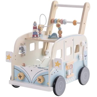 ROBUD Trotteur Bebe en Bois, Multifonction Chariot de Marche Bébé avec Centre d’Activités, Hauteur et Vitesse Réglables, Enfants Jouets Cadeau pour Fille Garçon de 10 Mois à 2 Ans (Bus de Vacances)