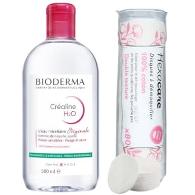 Pack Eau Micellaire Créaline H2O 500 ml et 80 Cotons Ronds HEXACARE OFFERTS – Nettoyant & Démaquillant Visage et Yeux – Peaux Sensibles – Sans Rinçage – Haute Tolérance