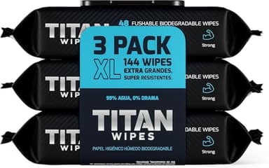 TITAN WIPES Papier toilette humide XL 18 x 18 cm, lot de 3 x 48 feuilles (144), 99% eau, aloe vera + vitamine E, sans alcool, jetable au WC lingettes