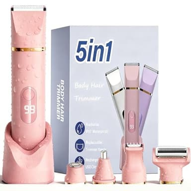 XkuiHF 5 en 1 Rasoir Electrique Femme, Tondeuse Maillot humide/sèche, étanche IPX7, Tondeuse Femme Intime pour le visage, les aisselles, les jambes, les bras et le maillot (Rose)