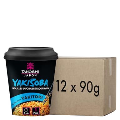 Tanoshi - Cup Nouilles Sautées Yakisoba Japonaises Instantanées - Yakitori - sans Glutamate Ajouté ni Huile de Palme - Prêtes en 4 Minutes - 90g x 12