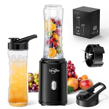 Sangcon Mini Blender Smoothie Portable, Mixer Shaker Electrique, 2 x Bouteilles Tritan Sans BPA de 600 ML + 2 x Couvercles de Voyage, 4 Lames en Inox, Fonctionnement à un Bouton Pulse
