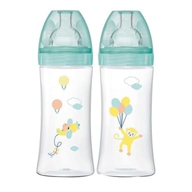 DODIE Lot de 2 Biberons Anti-Colique Sensation+ (2x330 mL) - Tétine Plate, Débit 3, Sans BPA - +6 mois – Vert et Bleu Air