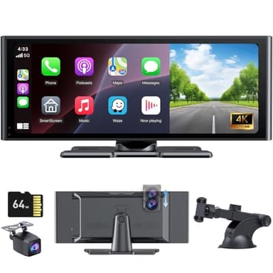Wonsidary Écran Portable sans Fil 10.26" CarPlay Voiture pour Apple Car Play & Android Auto,avec Dash Cam Caméra Avant 4K et Arrière 1080P,Mirror Link,Enregistrw Ement en Boucle,Audio BT,FM,GPS,Siri