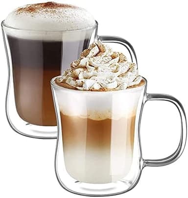 ecooe 350ml*2 Tasse Verre Double Paroi Ensemble,Tasses à Latte Macchiato en Verre Transparent,Verre à Café/Thé avec Poignée