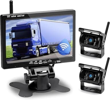 Hikity Caméra de Recul sans Fil 7" Kit Campeur avec 2 Caméras Arrière Divisées avec Vision Nocturne IP67 étanche+Enregistrement Vidéo pour Camions, Remorques Bus Voitures Camping-Cars Vans 12V-24V
