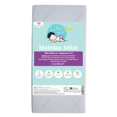 Easy Dort Matelas bébé 50x83 cm | Berceau ou lit bébé | Fabriqué en France | Été & Hiver | Double Face | Très Confortable | Housse en Bambou | Blanc |