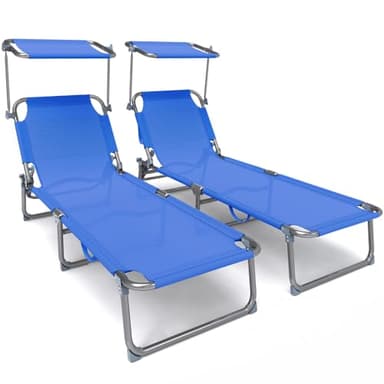 vounot® Lot de 2 Chaise Longue Bain de Soleil avec Pare Soleil Transat Pliable en Textilène avec Parasol Bain De Soleil inclinable en Textilène avec Charge Max 110KG Chaise Longue réglable Bleu