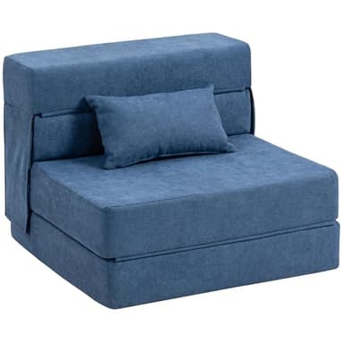 HOMCOM Fauteuil Convertible 1 Place 3 en 1, Fauteuil lit Pliant, chauffeuse 1 Place en Flanelle avec Large Assise, Coussin Inclus, Matelas Pliable 210 cm pour invités, Salon, Petit Espace, Bleu foncé