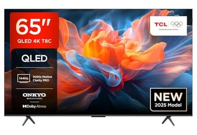 TCL 65T8C 65" QLED 4K HDR Ultra HD TV, Smart TV Powered by Google TV (Dolby Vision & Atmos, 144Hz Motion Clarity Pro, FreeSync, Onkyo 2.1 Sound, Voice Control)