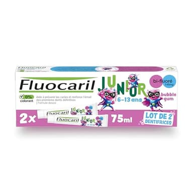 FLUOCARIL - Dentifrice Junior 6-13 ans Anti-Caries Bi-fluoré 145mg - Arôme/Goût Chewing-gum - Aide à prévenir les caries et renforce l'émail des premières dents définitives - lot de 2x75ml