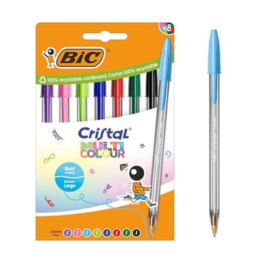 BIC Cristal Multicolour Stylos-bille Pointe Large (1,6 mm) - Encres classiques et fantaisie de couleurs assorties, pack de 8