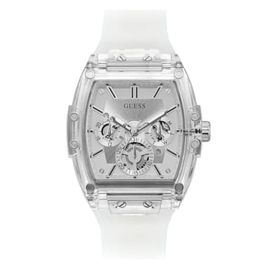 GUESS Montre Tendance décontractée pour Homme Tonneau Diamond 43 mm, Argenté/Blanc, Taille Unique, Phoenix GW0203G1