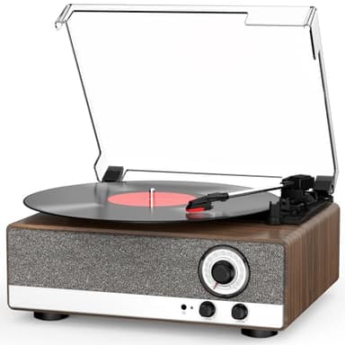 Platine Vinyle 7 in 1 Bluetooth Tourne Disque avec Haut-Parleurs Stéréo Intégrés, Radio AM/FM, Tourne Disque 3 Vitesses à Entraînement par Courroie avec Contrôle de la Hauteur, Sortie de Ligne RCA