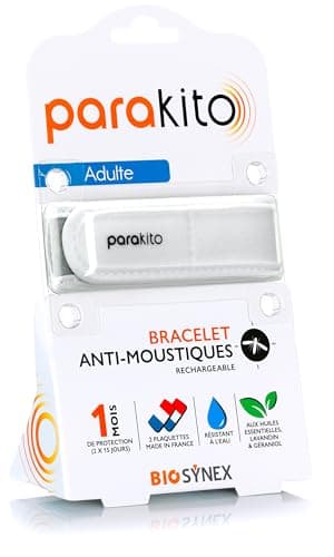 PARAKITO - Bracelet Anti-Moustiques Réutilisable - 2 Plaquettes Incluses aux Huiles Essentielles - 1 Mois de Protection - Sans DEET - Coloris Blanc - Taille Adulte