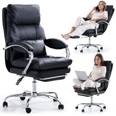 EMIAH Chaise de bureau avec repose-pieds, fauteuil de bureau confortable avec accoudoirs, ergonomique fauteuil de direction cuir PU inclinable avec roulettes, Chaise d'ordinateur coussin épaissi, Noir