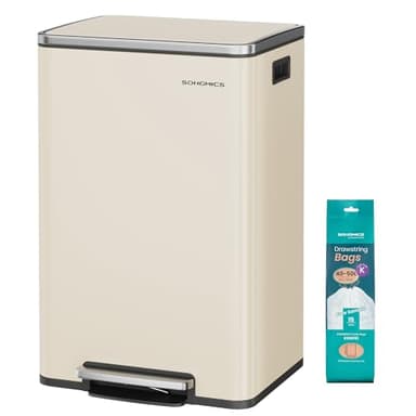 SONGMICS Poubelle de Cuisine 50 L, avec 15 Sacs Poubelle, en Acier, Seau Intérieur Amovible en Plastique, avec Couvercle, Poignées, Fermeture en Douceur, Couleur Crème LTB595A02