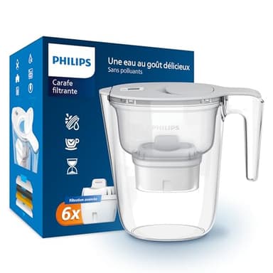 Philips Water Carafe filtrante avec 6 cartouches de remplacement, minuterie électronique, débit rapide, filtre le CHLORE, le CALCAIRE, les MÉTAUX LOURDS et les MICROPLASTIQUES, capacité de 2.6 L