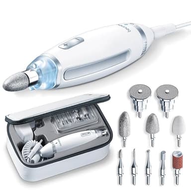 Beurer MP 62 Set de manucure/pédicure, lime à ongles électrique avec 10 embouts de soin des ongles de haute qualité, lumière LED, fraise à ongles avec réglage de la vitesse en continu, blanc