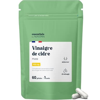 Vinaigre de Cidre avec Maté, Effet Coupe Faim et Draineur Naturel pour la Perte de Poids, Avec Yerbé Maté, Cure de 1 mois, 60 Gélules, Fabriqué en France, Essentials by Novoma