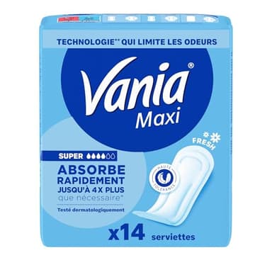 Vania – Serviettes Hygiéniques Maxi Super Fresh (14 pièces) – Serviettes à absorption rapide haute tolérance – Protection périodique avec forme anatomique et 4 barrières protectrices