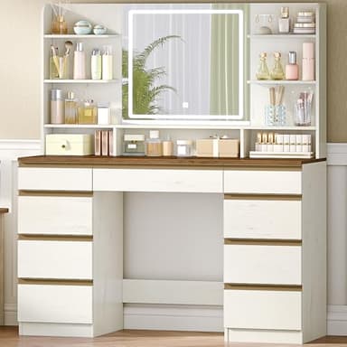 Hzuaneri Grande Coiffeuse avec éclairage LED, 3 Couleurs, Luminosité Réglable, Miroir, 9 Tiroirs, 9 étagères Ouvertes, Style Moderne, Blanc-Marron DT41914X