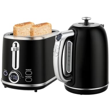 HOMCOM Ensemble bouilloire et grille-pain en inox, écran LED, bouilloire 2200 W 1,7 L, fonction mémoire de maintien au chaud, grille-pain 2 tranches, 6 niveaux de brunissage, plateau à miettes, noir